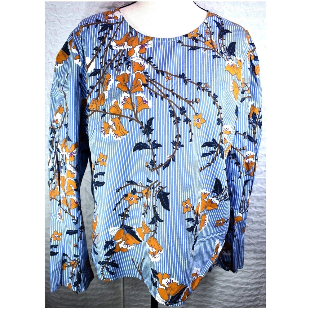 Who What Wear Floral Stripe Long Sleeve Blouse Blue White Orange XXL